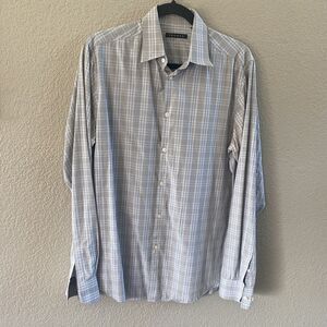 Theory Shirt Mens Large 34-35 Grey Plaid Button Up Casual Dress Long Sleeve
